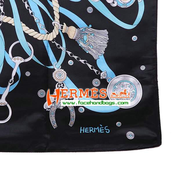 Hermes 100% Silk Square Scarf Black/Blue HESISS 90 x 90 - Click Image to Close
